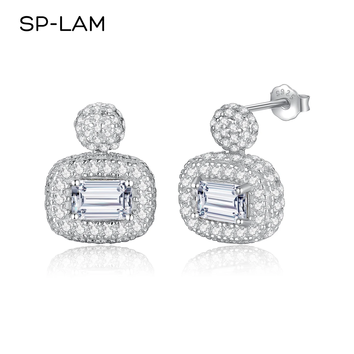 SP-LAM Luxury Tiny CZ Paved Moissanite Mainstone Stud Earrings Fine Jewelry Emerald Cut Vintage Fashion Accessories For Women