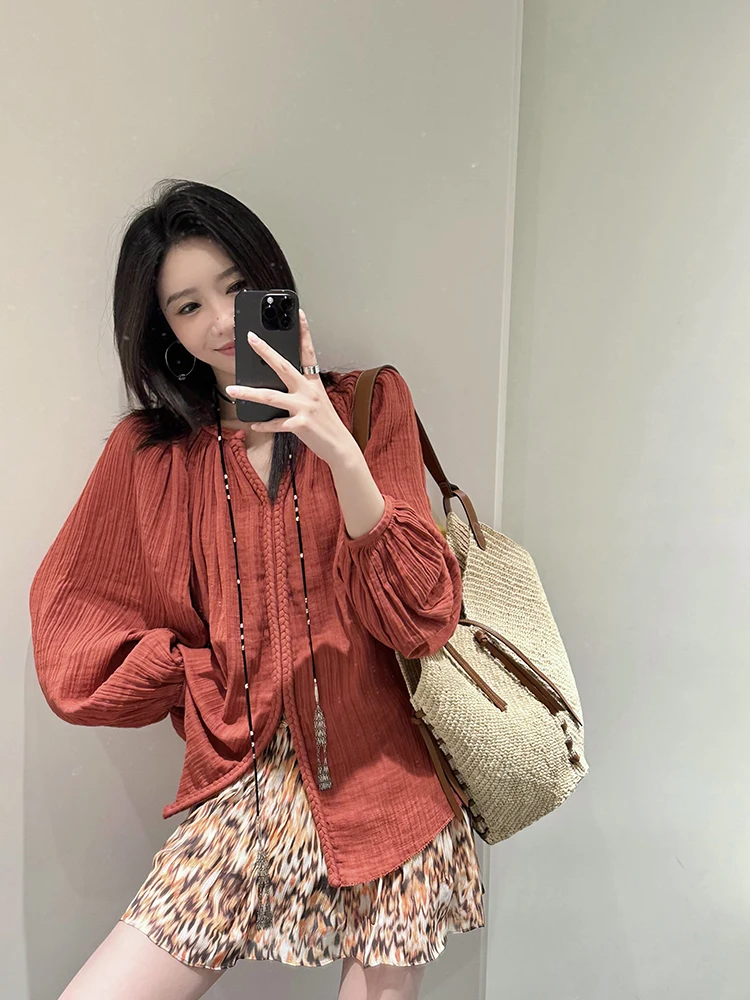 

Новая женская летняя свободная блузка ZQ из красного хлопка и льна, двухслойная, плиссированная, текстурированная, с длинным рукавом и круглым вырезом, комфортная посадка