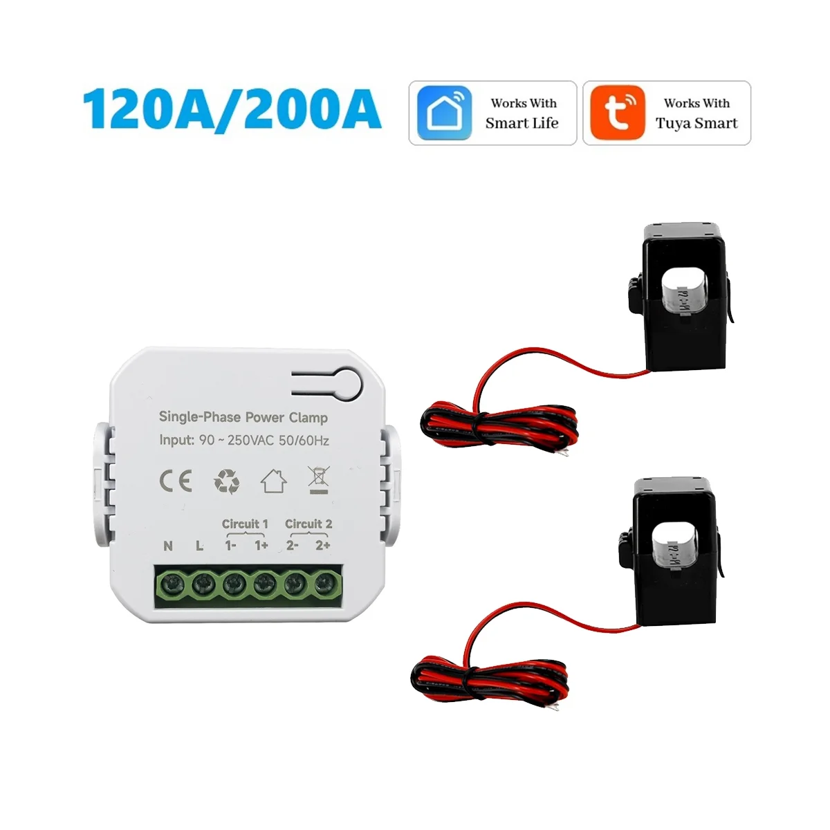 120A Tuya Smart WiFi Energy Meter with 2XCurrent Transformer Clamp 90- 250V KWh Power Monitor Electricity Statistics