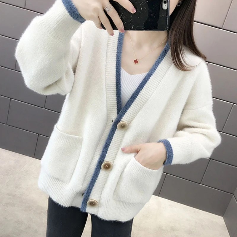 

Women's Cardigans Wlid V-Neck Long Sleeve Knitted Sweater Coats Women Korean Single Breasted Soft Warm Pocket Cardigan Woman