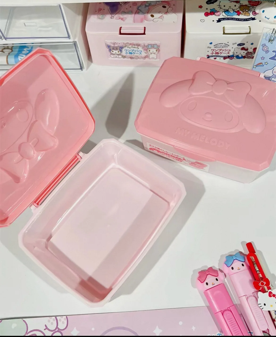 Kawaii Sanrio Hello Kitty My Melody Opbergdoos Cartoon Flip-Top Organizer voor Wattenstaafjes Wattenschijfjes Briefpapier Vanity Make-up