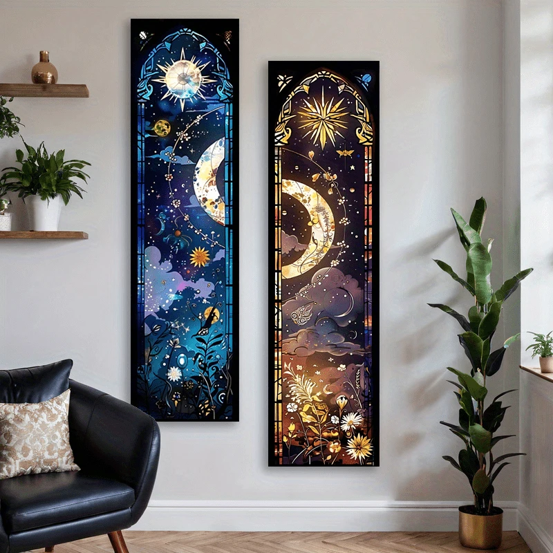 A Vertical Tapestry Featuring Celestial Botanical Designs, Perfect for Fantasy Floral Themes. This Long, Narrow Wall Hanging