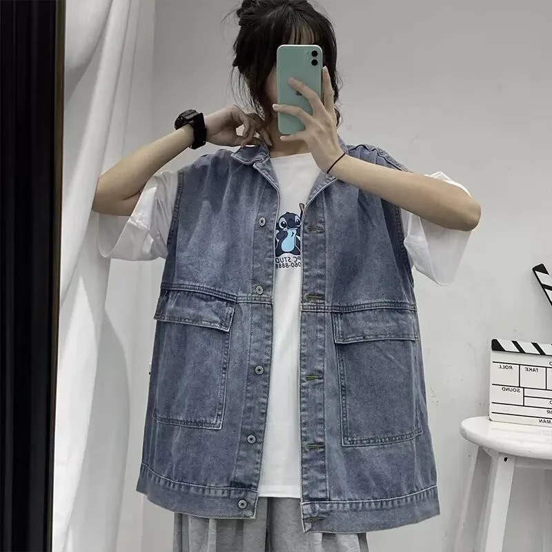 2024 Spring New Korean Loose Temperament Female Denim Vest Coat Women Loose Sleeveless Jacket Female Jean Waistcoat Tide W349