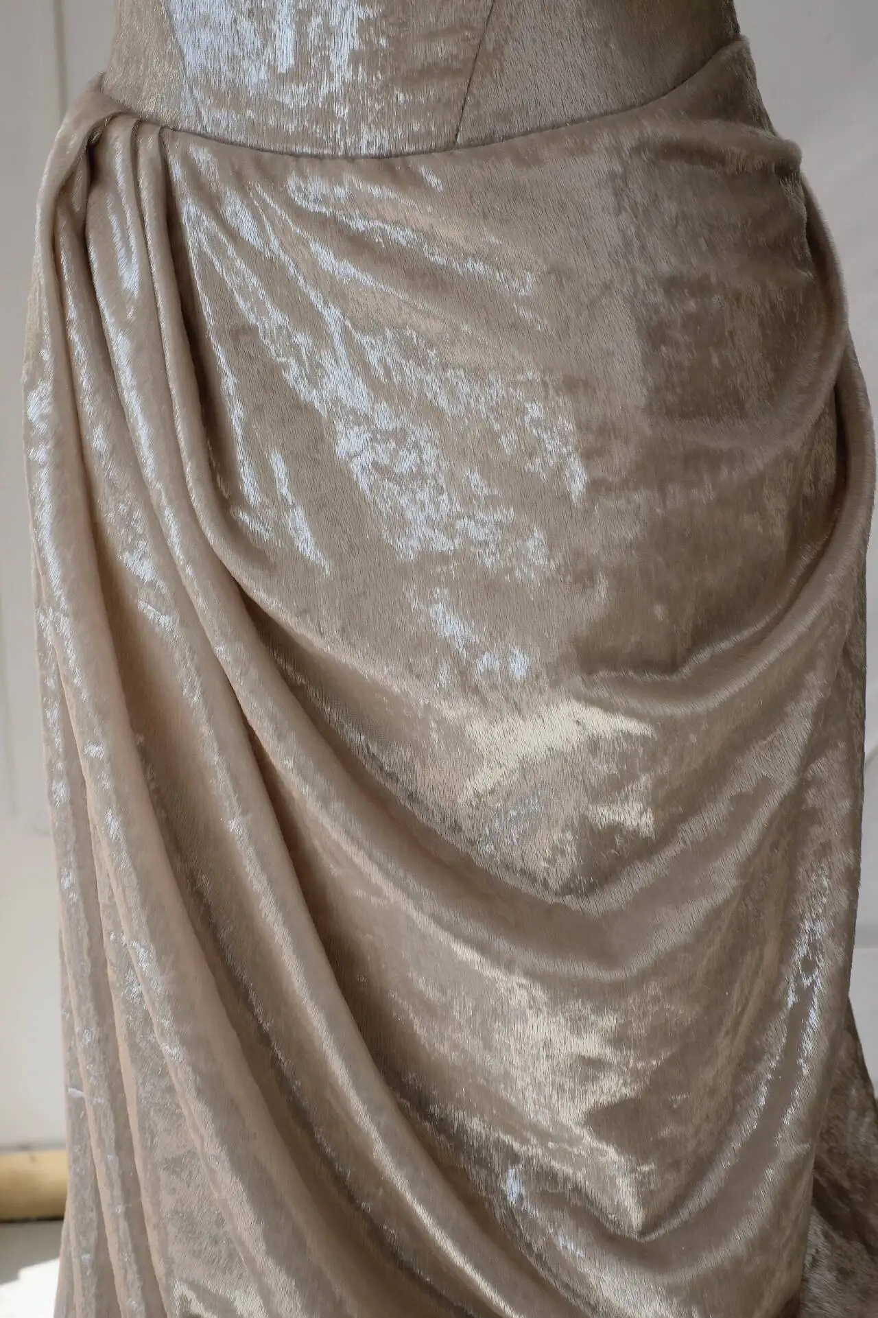 Glamorous beige satin ball gown, slim fit, backless, strapless, mermaid, sleeveless, pleated, trailing, formal occasion evening