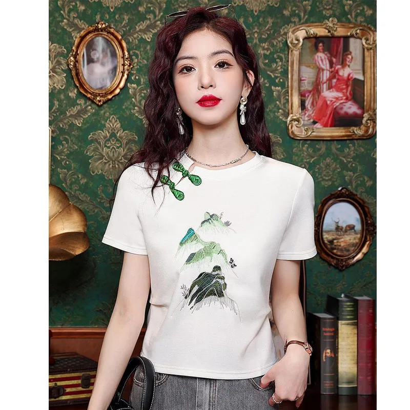 Summer Short Sleeve O-Neck Women Blouse Chinese Style Embroidery Blouse Shirt Women Tops  Blusas Mujer De Moda 2024 Verano H817