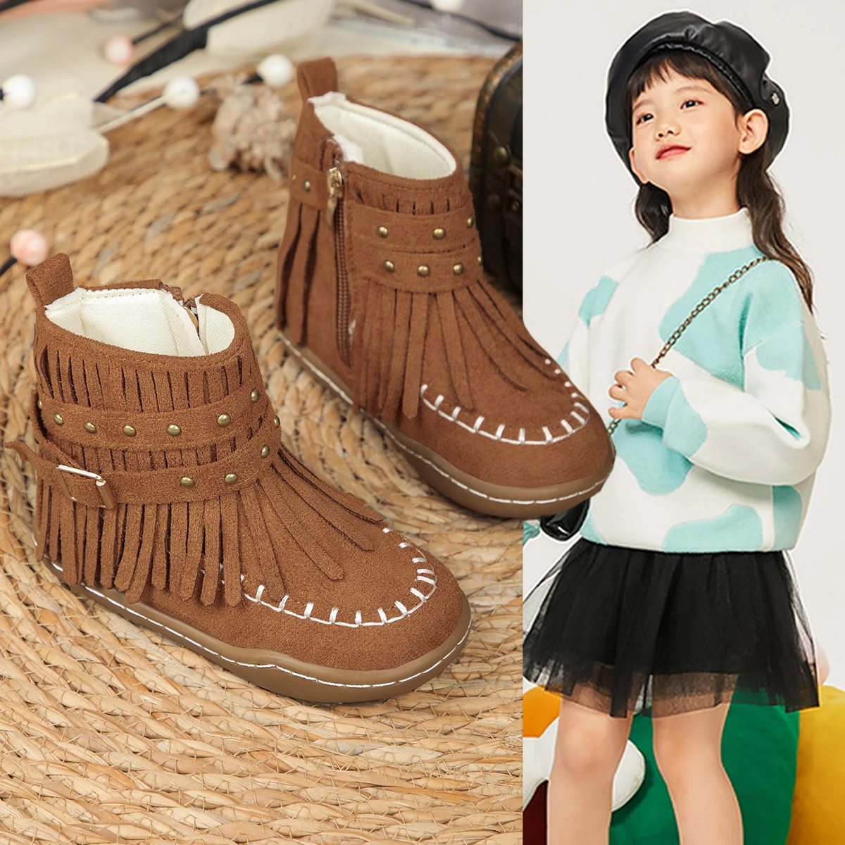 Girls Short Boots with Tassels Kids Princess Boots Non-slip Ins Trendy 2025 Brand New Children Fashion Boots with Side Zipper