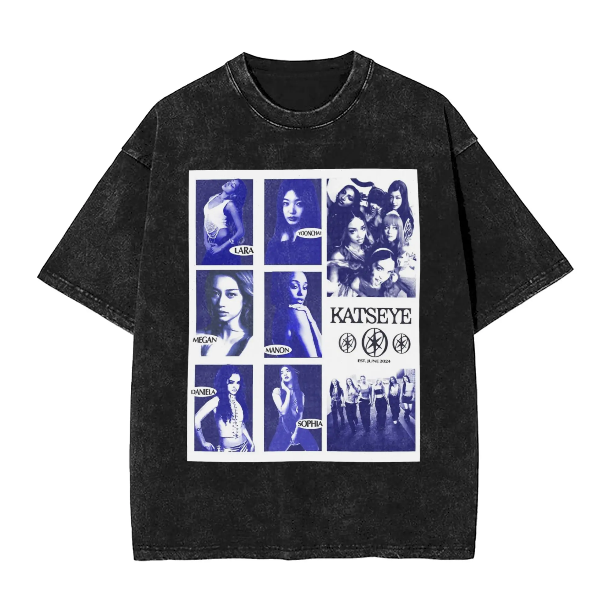 Mens T Shirt Blue Katseye Kpop Washed T-Shirts Trending  Summer Tees Streetwear Print Casual Clothes Hot Sale