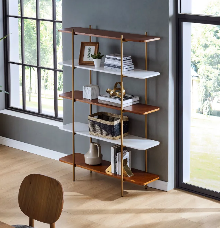 # Modern Alternating Wood White Tier Open Bookshelf Slim Brass Metal Frame Freestanding Display Shelving Unit Office Bedroo