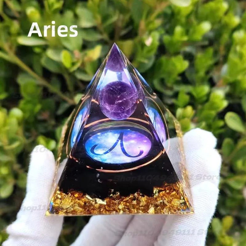 

New 12 Zodiac Resin Pyramid with Crystal Chips Handmade Desktop Decor Feng Shui Healing Gift Home Office Spiritual Ornament
