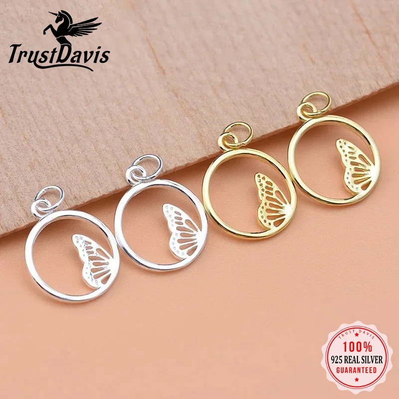 TrustDavis Real 925 Sterling Silver Fashion Round Butterfly Charm Pendant Handmade DIY Accessories Fine Jewelry Wholesale HY088