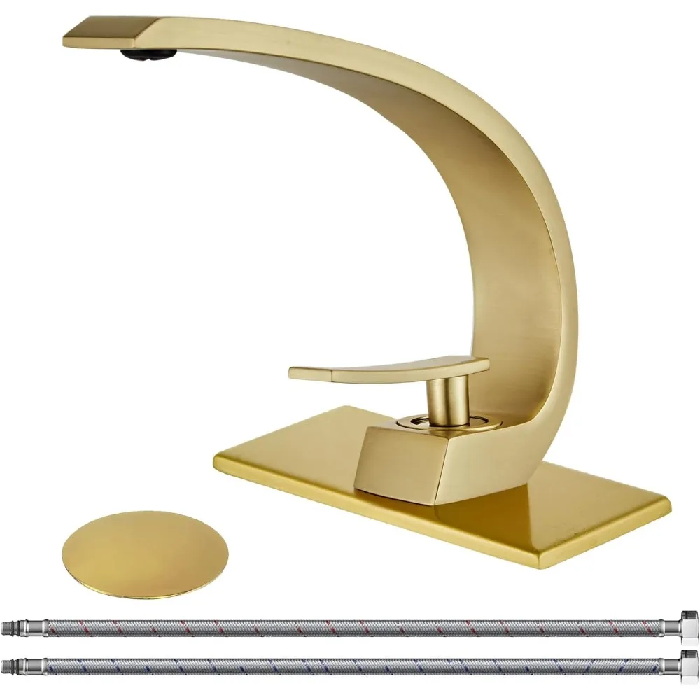 

Brushed Gold Bathroom Sink Faucet,Unique Design Single Handle Single Hole Brass Lavatory Vanity Faucet,Basin Mixer Tap wi