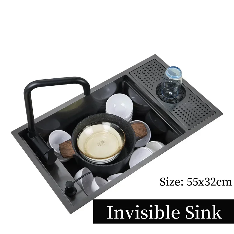 55x32cm 304 Stainless Steel Nano Kitchen Sink, Concealed Folding Faucet with Cup Washer, Coffee Shop Bar, Small Single Slot