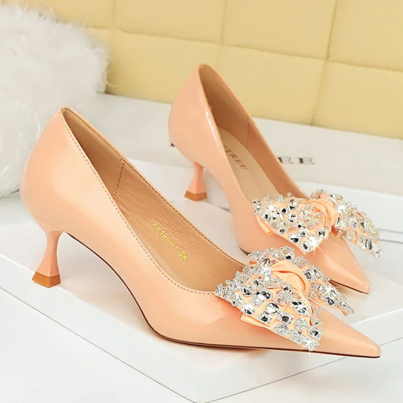 Plus Size Women 5.5cm High Heels Pink Green Cinderella Pumps Lady Luxury Rhinestone Butterfly Knots Party Low Kitten Heels Shoes