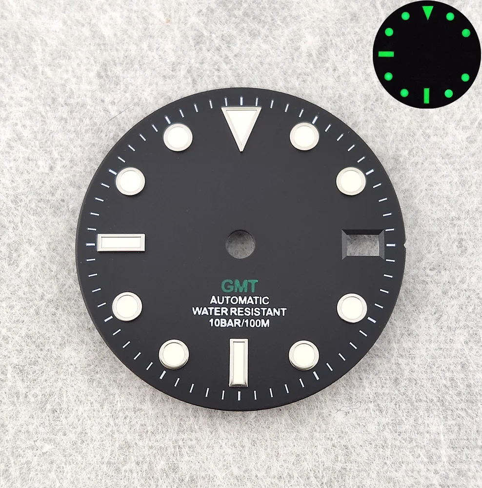 Циферблат 28,5 мм, циферблат GMT, циферблат NH35, циферблат NH34, светящийся циферблат, индивидуальный логотип, подходит для NH34/NH35/NH36, запасные части для часов с механизмом