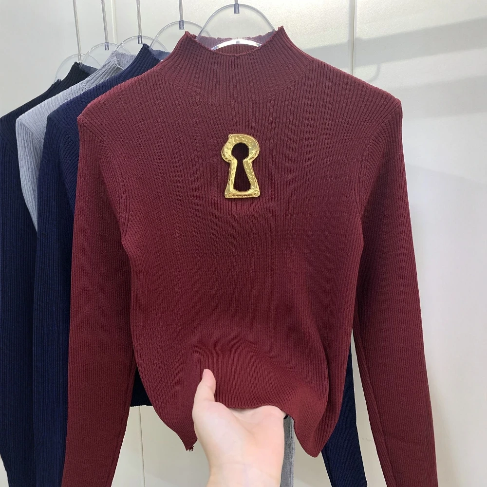 TWOTWINSTYLE الصلبة تقسم الجوف خارج تي شيرت الإناث س الرقبة طويلة الأكمام التخسيس عادية كسول المرأة تي شيرت الخريف موضة جديدة