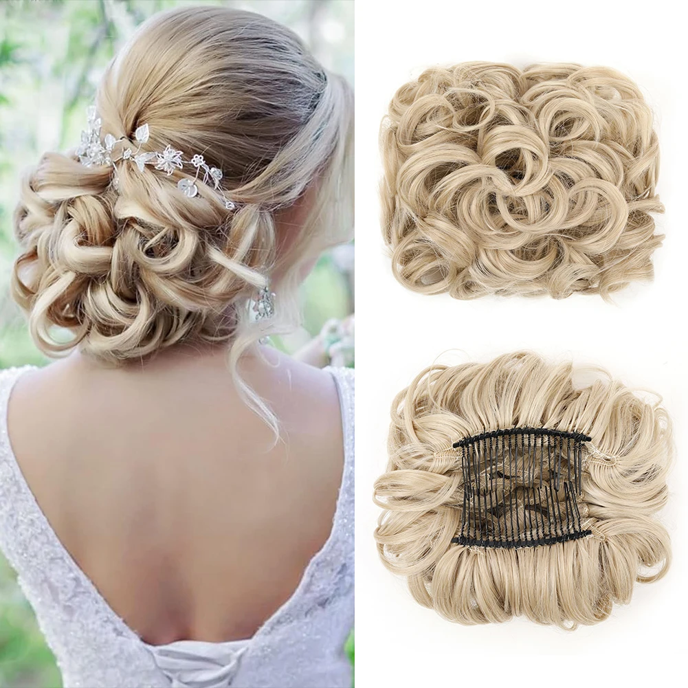 Chignon disordinato Parrucchino Piatto riccio sintetico premium Panino per capelli Pettini metallici nell'elegante estensione dei capelli per chignon scrunchie per le donne