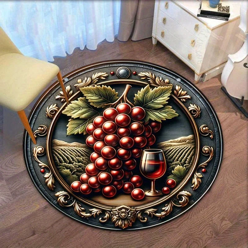 

Круглый хрустальный бархатный ковер с виноградной лозойдой, бокал для вина, винтажный узор, декор для кухни, столовой, классический напольный коврик