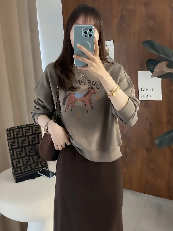 

Женская толстовка больших размеров с круглым вырезом и принтом, модная, стройнящая, весенняя, новая, универсальная, в корейском стиле