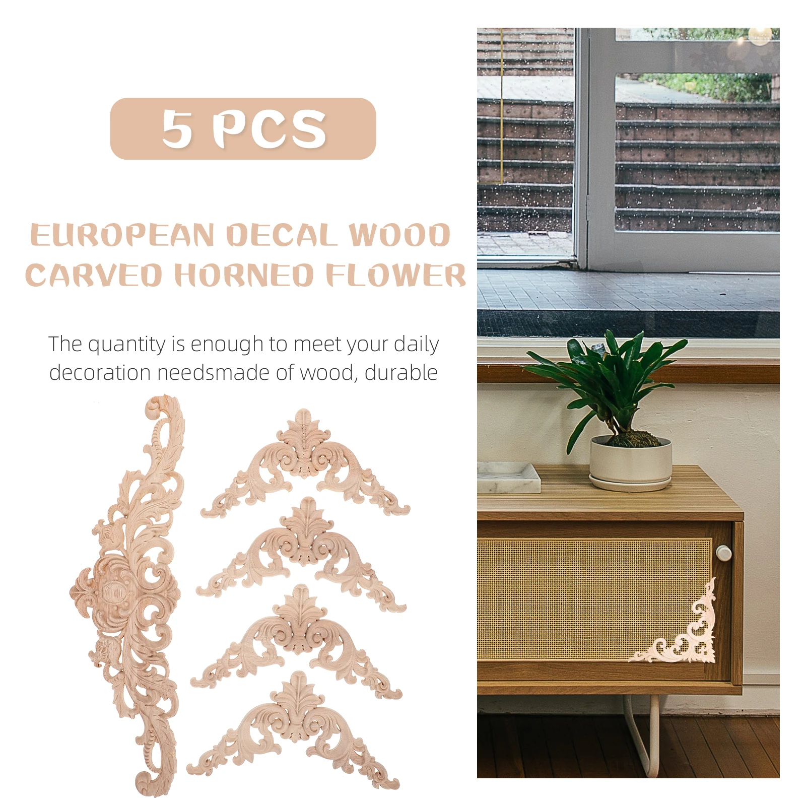 

Stylish Wooden Carved Decals European Corner Flowers Decorative Applique for Dresser Cabinet Retro Furniture Wood Carving Trim