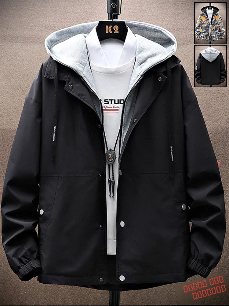 

Faionable Men's Hooded Jaet Bla Windproof Outdoor Casual Sle Fake Two-Piece Autumn Spring Season Polyester Fiber