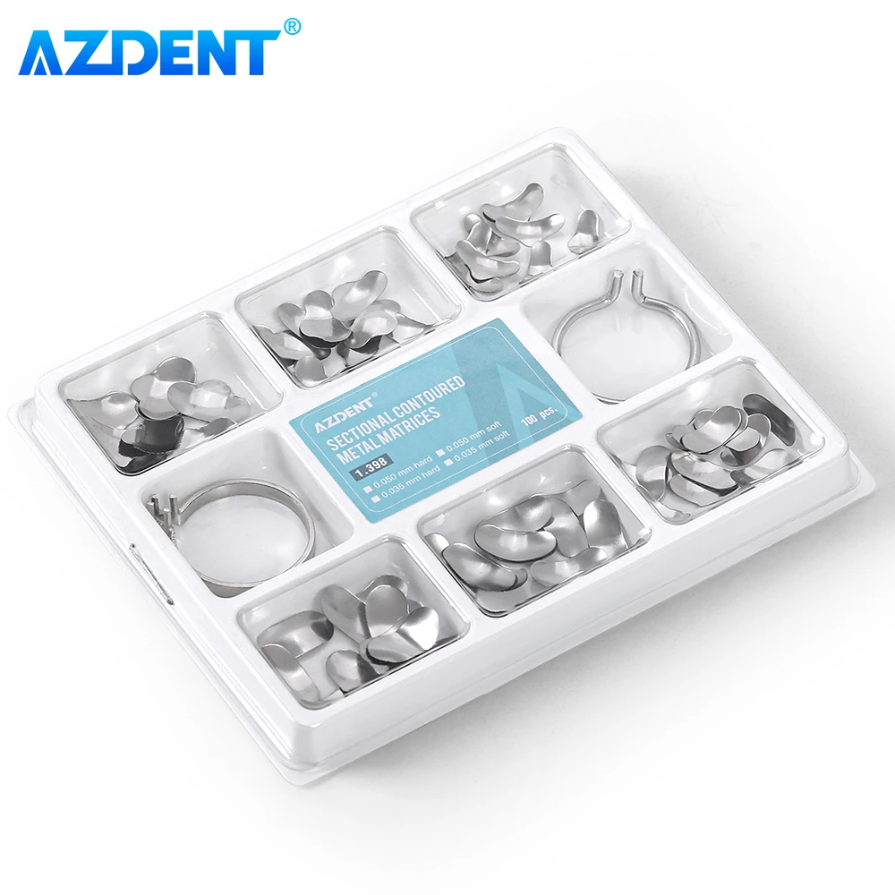 100pcs/Box Dental Matrix Sectional Contoured AZDENT Filling Molding Sheet 1.398 Metal Matrices Band Forming Clip