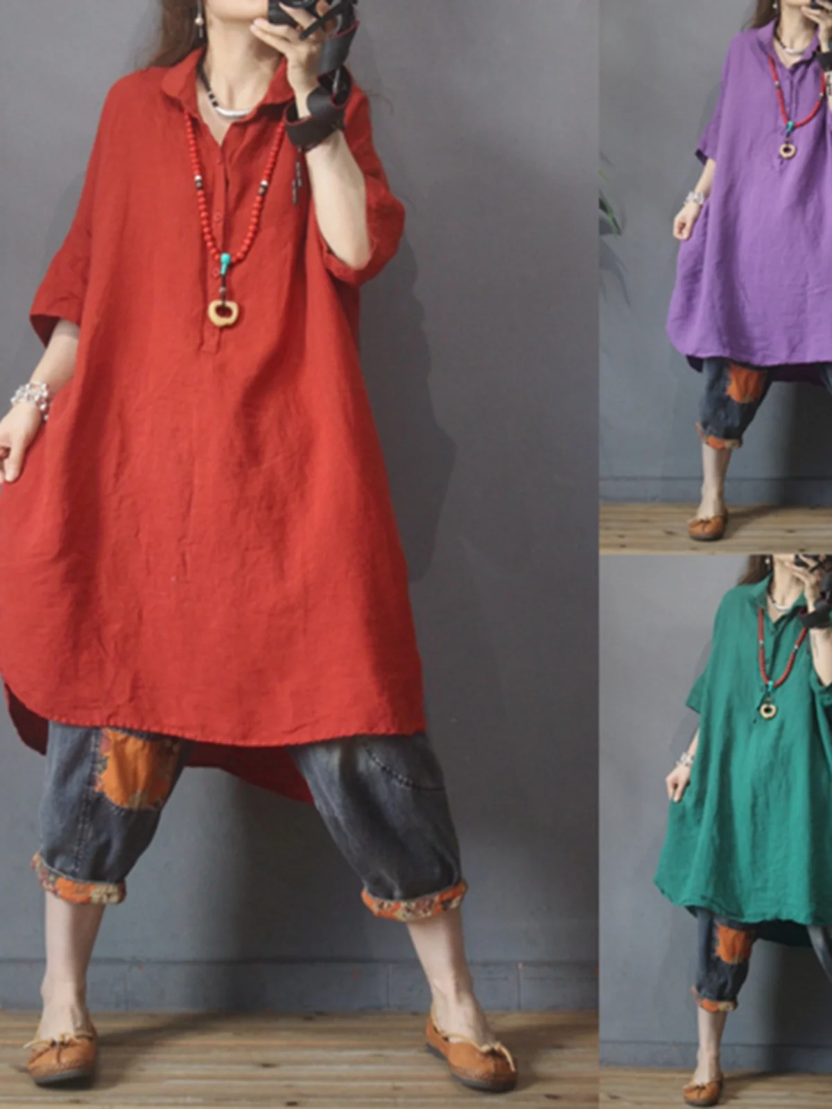 

Plus Size Retro Loose Fit Linen irt Women's Summer 2024 Mid-Length Thin Sle plus Size Conceal Meat Ladies Faion Casual Wear