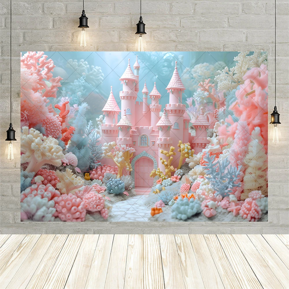 Pink Undersea Castle Photography Backdrop Custom Shells Seaweed Decor Kid Room Birthday Portrait  Background Poster Photo Studio