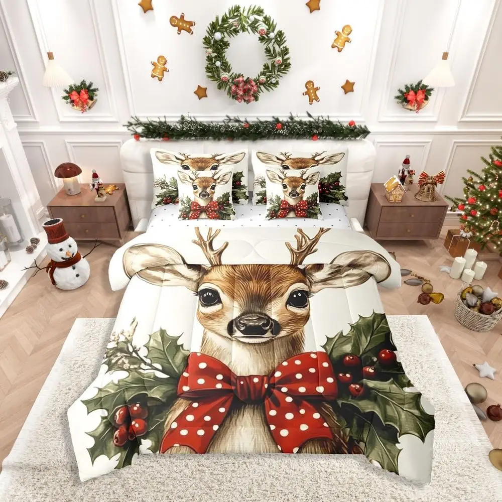 

7-Piece Reindeer Themed Comforter Set for King Bed, Reversible, Includes Bed-in-a-Bag with Sheets, Pillowcases, and Shams