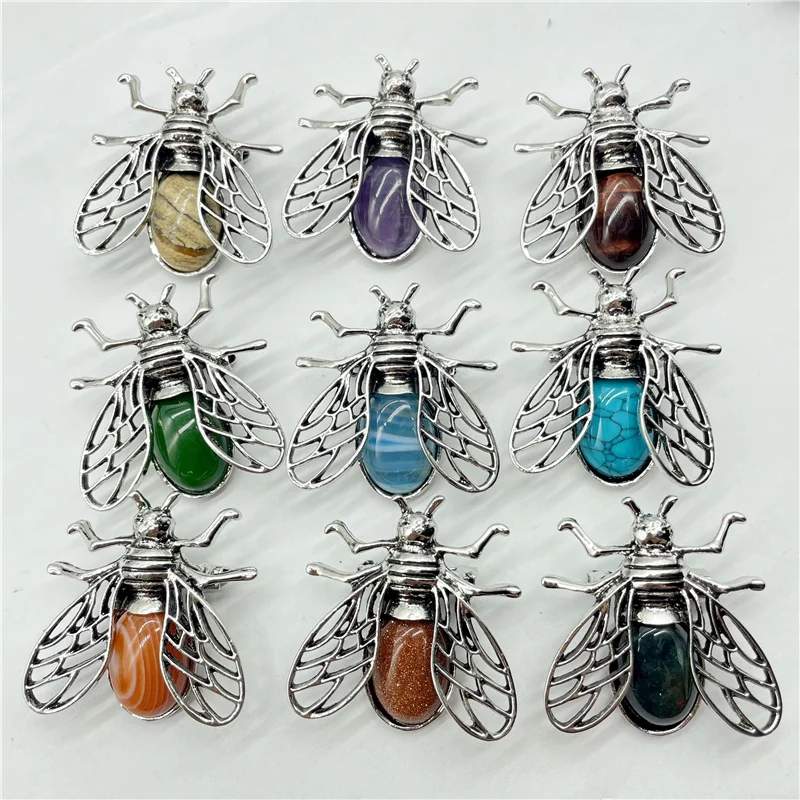 Natural Gem Stone Quartz Crystal Animal Insect Bee Archaize Silver Pendant Brooch Dual-use Accessories Jewelry Making 10pcs