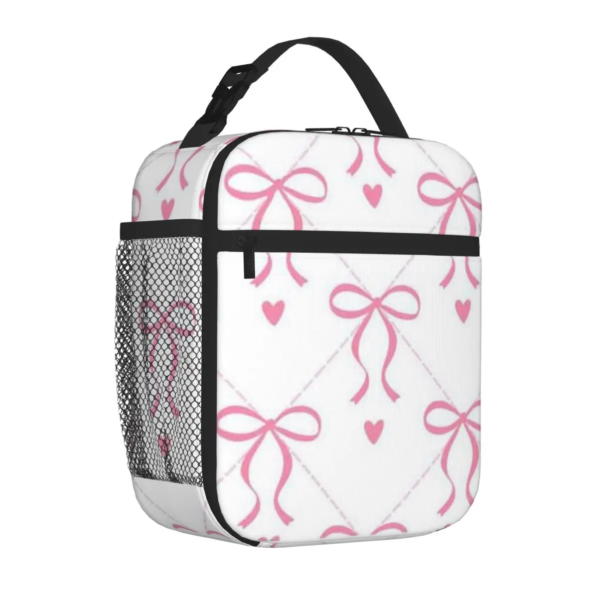Bestselling Cute Pink Bow Pattern Coquette Aesthetic Design Hip Hop Student Lunch Bag Outdoor Barbecue Nylon Lunch Bag