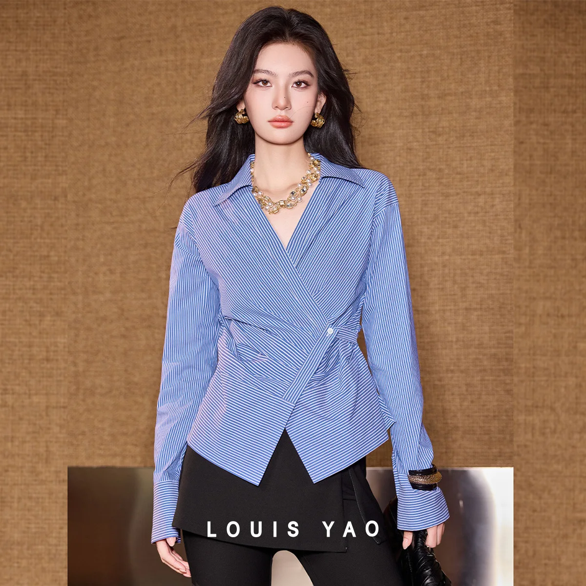 

LOUIS YAO Minimalist Striped Women's Blouses 2026 Spring/Autumn Elegant Slim-Fit Irregular Cross Over Design Long Sleeve Shirt