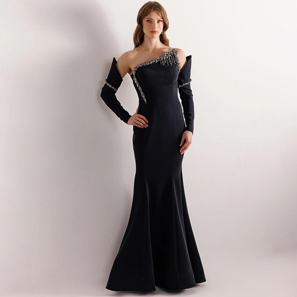 

Mermaid Jersey Evening Dress Fashion Strapless Long Sleeves Customized Party Dresses Temperament Beading Formal Occasion Gowns