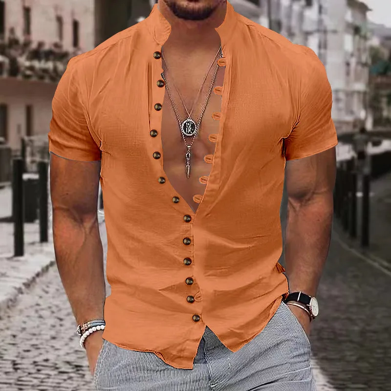 Summer 100% Cotton Linen Men's Short-Sleeved Shirts Fashion Street Solid Color stand-up collar Casual Shirts （European Size）