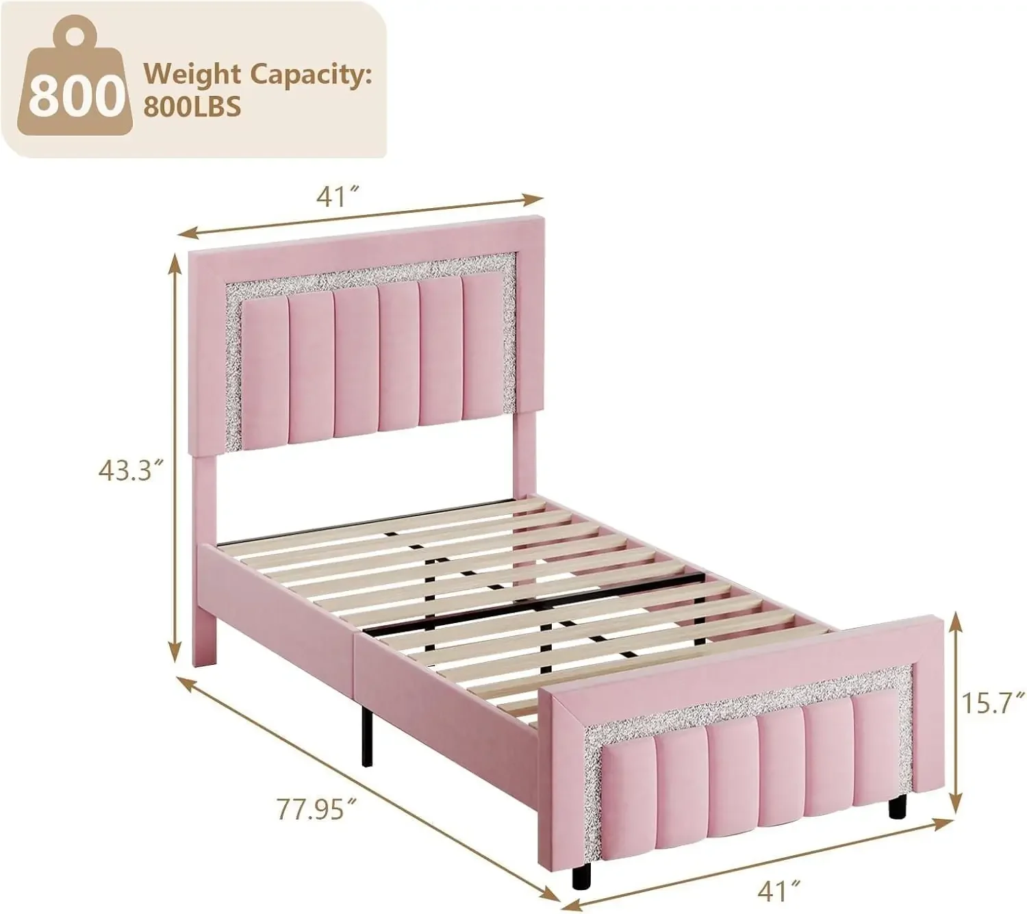 HOMBCK Estructura de cama doble, estructura de cama tapizada de terciopelo rosa con cabecero y pie de cama de diamantes, estructura de cama doble para niñas, Vertica