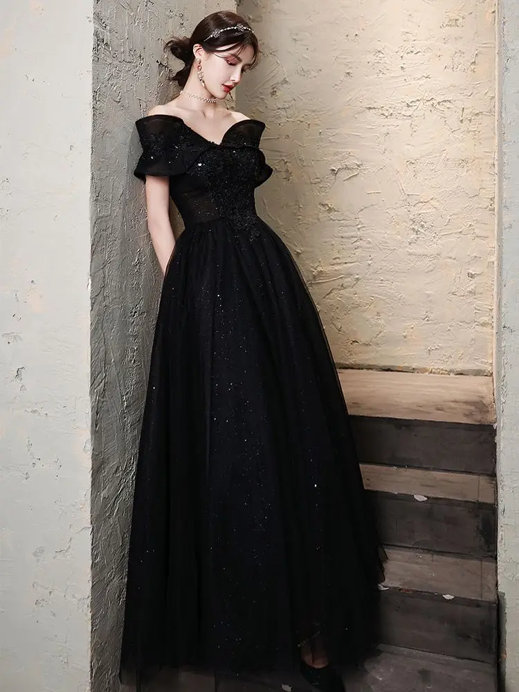 Black Evening Dress High-end Banquet Skirt Light Luxury Suit Student Ceremony Dress Black Dress New Host Sexy Strapless Dress