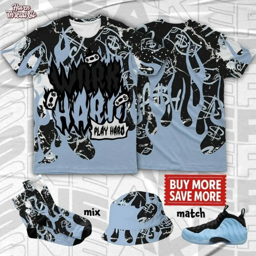 

Air Foamposite Psychic Blue Work Hard Fire – 3D All Over Print on T-shirt Hoodie, perfectly matching your iconic sneaker