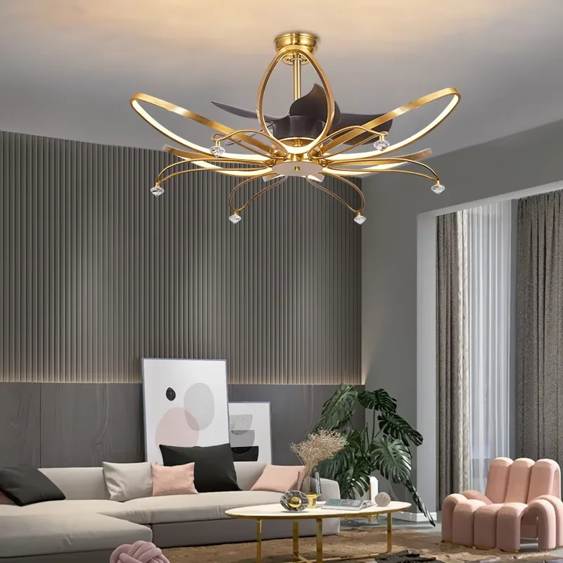 High end crystal LED restaurant ceiling fan light with new creative crown petals living room bedroom and lobby with strong