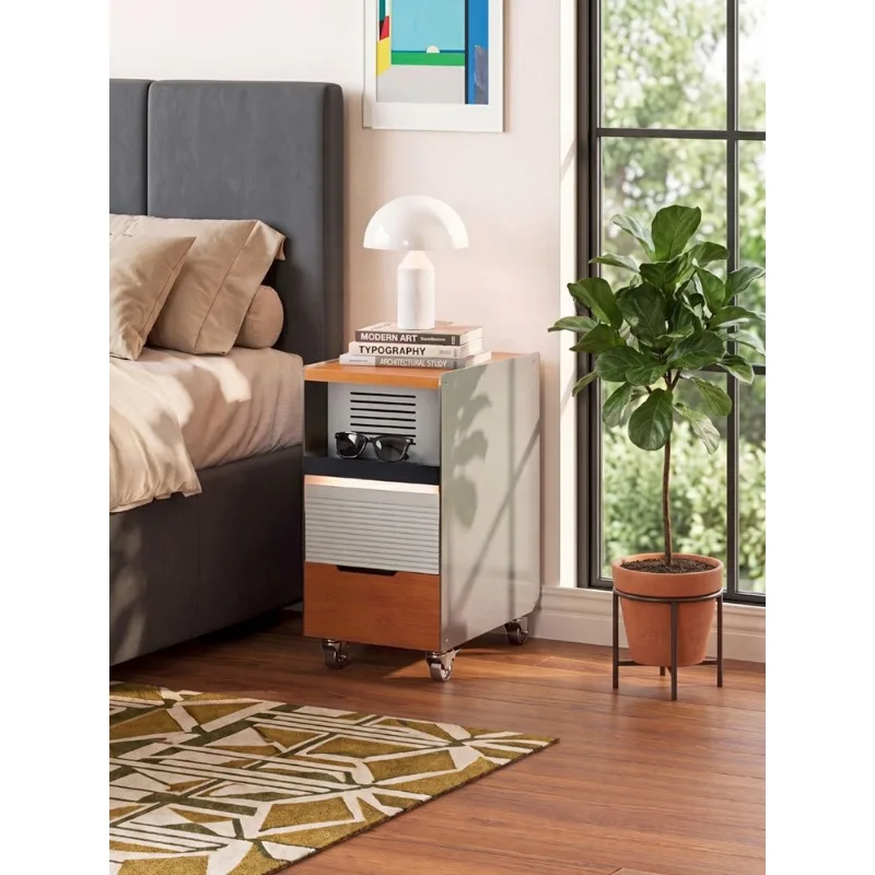 Narrow bedside table, medieval solid wood stainless steel with lamp,removable high-end storage side cabinet in household bedroom