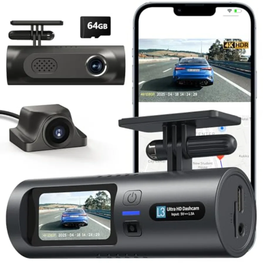 

Car dash cam system: front 4K + rear 1080P, black housing, wide-angle 170 lens with WDR and night vision, 5G Wi-Fi app control,
