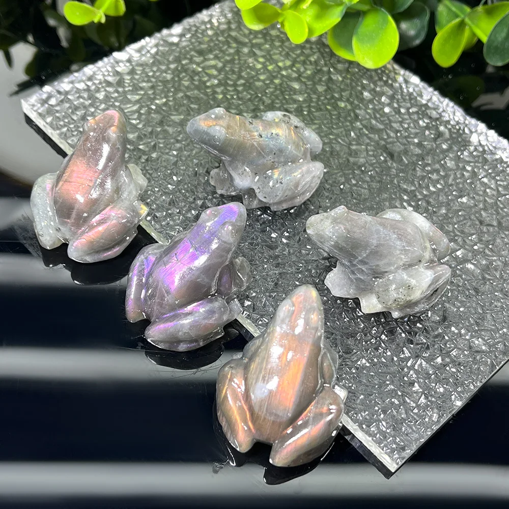 قطعة واحدة من لابرادوريت لامع من الكريستال الطبيعي ونحت الضفدع من حجر القمر - مع تأثير عاكس للريق، حرف يدوية من الأحجار الكريمة الطبيعية #5