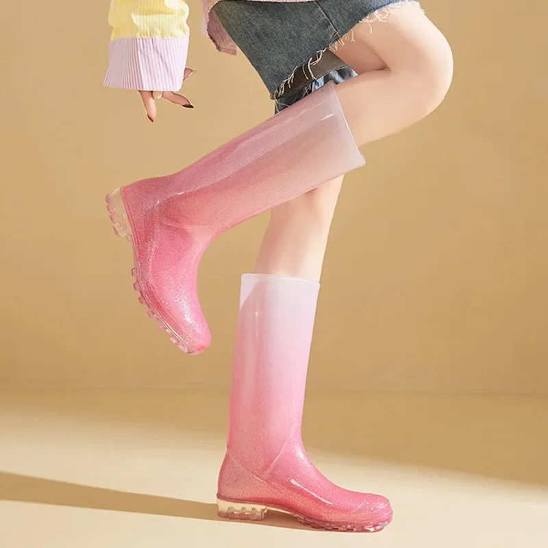 New Women Fashion Knee-high PVC Rain Boots Female Crystal Slip-on Rainboots Outdoor Woman Water Shoes Wellies Boots