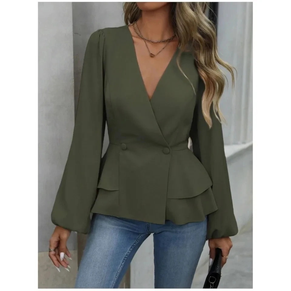 

Autumn New Solid Color Deep V-neck Long-sleeved Women Shirt Fashion Cross Button Shirt Elegant Ladies Versatile Office Tops 2025