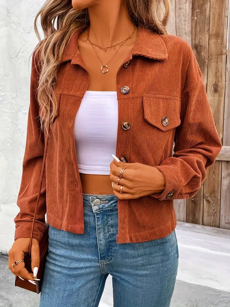 Button Front Corduroy Jacket Casual Long Sleeve Lapel Crop Jacket Women\'s Clothing