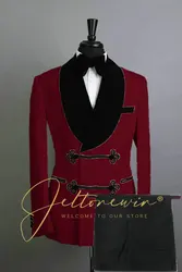 Double Breasted Burgundy Plaid Black Velvet Lapel Groom Tuxedos Groomsmen Best Man Costume Mens Wedding Suits (Jacket+Pant)