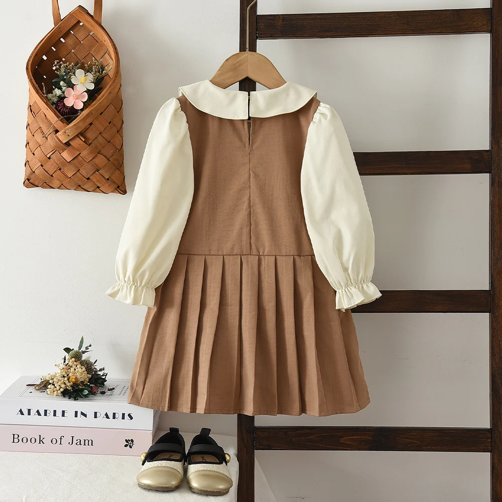 Autumn New Khaki Spliced Pleated Long Sleeved Girls' Dresses Fashion Fake Two-piece Korean Version Children's Dress 1-piece Set