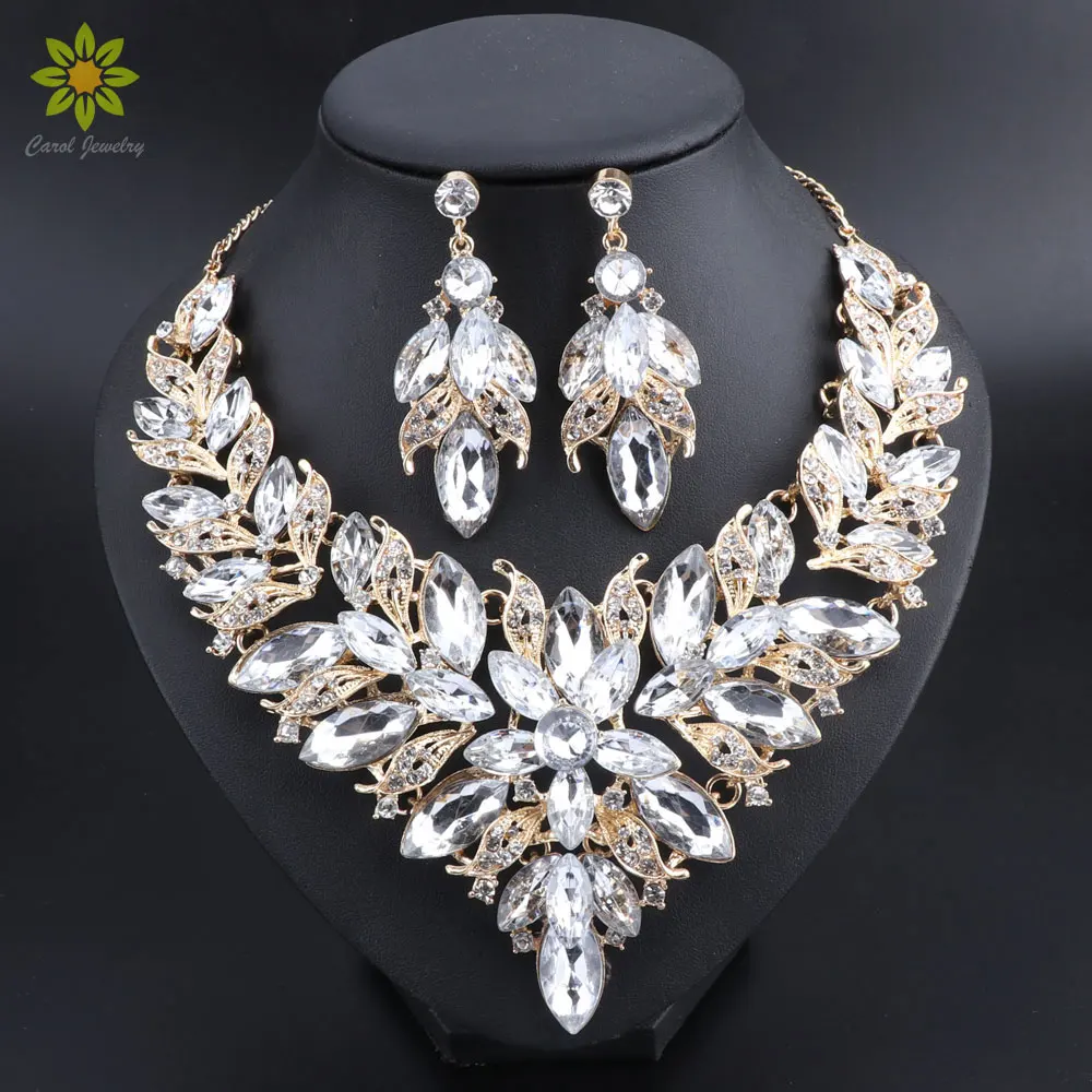 Luxus Blumen Indischen Braut Schmuck Sets Hochzeit Kostüm Gold Farbe Halskette Ohrringe Set Kristall Set Schmuck für Bräute Frauen