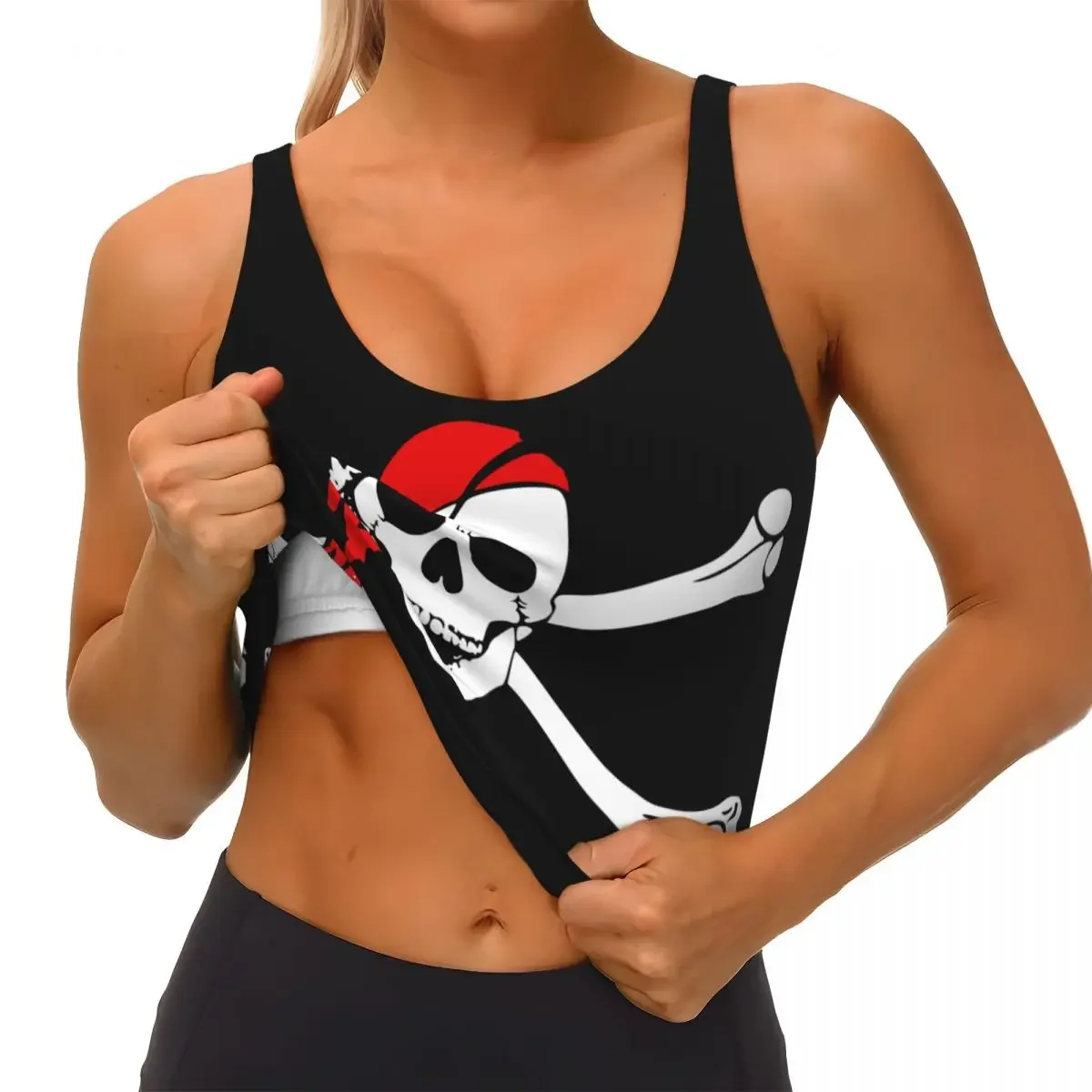 سترة يوجا للنساء للصالة الرياضية قطع علوية قصيرة بعلم القراصنة ملابس الشارع الشهير قميص بدون أكمام يسمح بالتهوية للسيدات