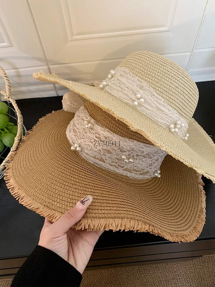 Lace bow woven straw hat women's summer big brim seaside vacation beach sunshade sunscreen hat