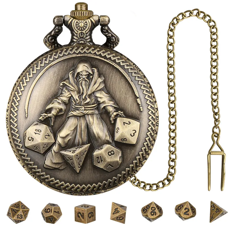 Bronze 7pcs Tiny Polyhedral Metal Dice Set Engraved Master Pocket Watch Case with FOB Chain Entertainment Gaming Dices