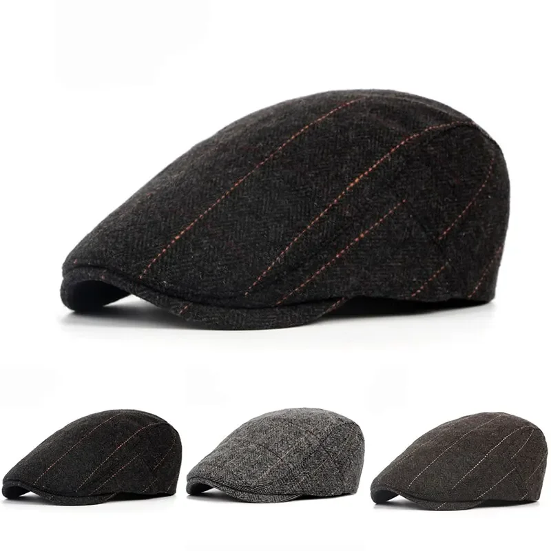 Retro Newsboy Caps für Herren, Britische Malerhüte, Herbst-Winter-Baskenmützen, Fischgrätmuster mit roter Linie, Flat Cap, Hip-Hop-Baskenmützen
